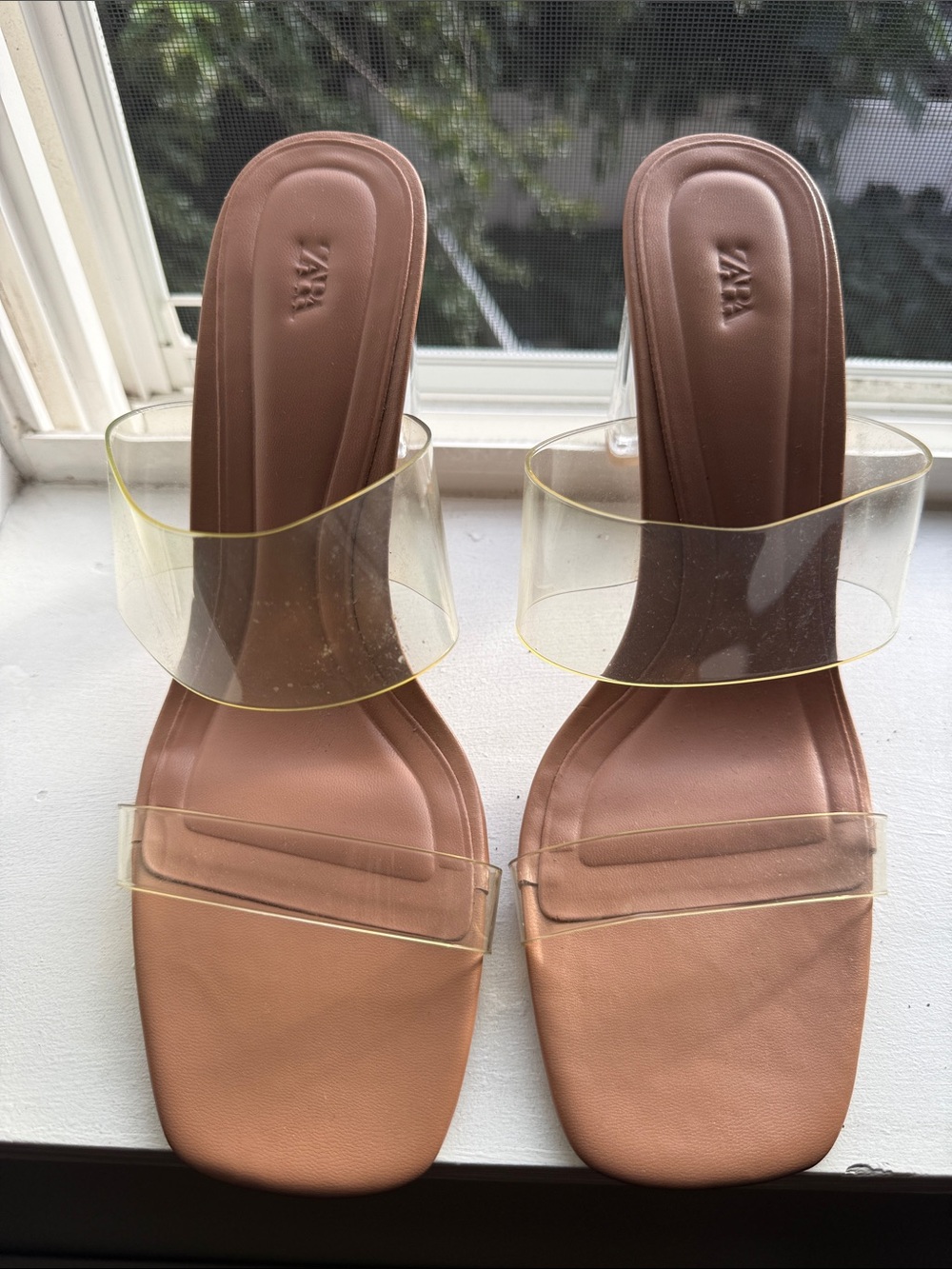 Zara Clear Strap Tan Brown Slide Sandals